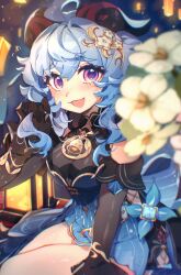 1girl absurdres ahoge bare_shoulders bell black_dress black_gloves blue_dress blue_hair blurry blurry_foreground blush breasts cowbell detached_sleeves dress flower ganyu_(genshin_impact) ganyu_(twilight_blossom)_(genshin_impact) genshin_impact gloves goat_horns gradient_clothes gradient_dress hair_ornament highres horns lantern long_hair long_sleeves looking_at_viewer medium_breasts momoiiroo neck_bell official_alternate_costume official_alternate_hairstyle open_mouth qingxin_flower sitting sleeveless sleeveless_dress smile solo thighs violet_eyes vision_(genshin_impact) white_flower 