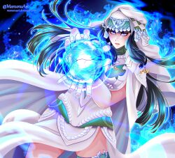  1girl absurdres anatolia_(fire_emblem) aura black_hair cape dress energy_blast eyelashes fire_emblem fire_emblem:_fortune's_weave glowing hair_ornament headdress highres kamehameha_(dragon_ball) keffiyeh manu-chann solo turkish_clothes veil violet_eyes white_cape white_dress white_headdress 