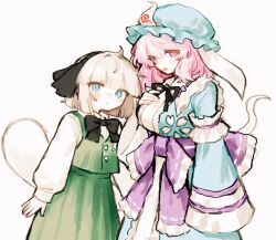  2girls black_bow black_bowtie black_hairband black_ribbon blue_eyes blue_hat blue_kimono blush bow bowtie closed_mouth collared_shirt frilled_kimono frills green_skirt green_vest grey_hair hairband hat height_difference hitodama japanese_clothes kimono konpaku_youmu konpaku_youmu_(ghost) long_sleeves looking_at_viewer medium_hair mob_cap multiple_girls natucurage neck_ribbon pink_eyes pink_hair ribbon saigyouji_yuyuko shirt simple_background skirt skirt_set sleeve_garter touhou triangular_headpiece vest white_background white_shirt wide_sleeves 
