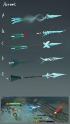  1girl absurdres arm_guards arrow_(projectile) bow_(weapon) commentary concept_art dongho_kang dota_(series) dota_2 english_commentary english_text firing from_above game_screenshot_inset gameplay_mechanics gradient_background grey_background highres holding holding_bow_(weapon) holding_weapon long_hair monster official_art orange_hair screenshot_inset simple_background sketch variations weapon weapon_focus wind windranger_(dota) 