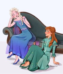  2girls absurdres aminetko1 anna_(frozen) aqua_dress aqua_shoes arm_support blonde_hair blue_dress blue_eyes blue_shoes braid braided_ponytail breasts brown_hair chaise_longue commentary couch crossed_legs cup dress elsa_(frozen) english_commentary eye_contact flats frozen_(disney) hair_over_shoulder half_updo head_rest highres holding holding_cup invisible_floor leaning_to_the_side legs_together long_dress long_hair long_sleeves looking_at_another mug multiple_girls narrow_waist off-shoulder_dress off_shoulder on_couch on_floor playing_with_own_hair shoes simple_background sitting skinny sleeveless sleeveless_dress small_breasts white_background 