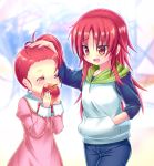 2girls blush boots casual denim denim_shorts dress eating fang food fruit fumi_(saber_x23s) holding holding_apple holding_fruit hoodie jeans kyouko&#039;s_sister_(madoka) kyouko's_sister_(madoka_magica) long_hair mahou_shoujo_madoka_magica multiple_girls petting pink_dress ponytail red_eyes red_hair redhead sakura_kyouko sakura_momo shorts siblings side_ponytail simple_background sisters smile young 