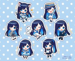 >_< 1girl :3 :d :o ;) ;3 ;d animal_ear_fluff animal_ears animal_hands ascot asymmetrical_sidelocks bag binchou_maguro black_serafuku black_skirt blowing_bubbles blue_ascot blue_background blue_bow blue_eyes blue_hair blue_necktie blue_sailor_collar blush_stickers bottle bow brown_hat cardigan cat_ears cat_tail cevio closed_eyes closed_mouth colored_inner_hair commentary_request dated diploma_tube dot_nose dress full_body futaba_minato gloves hair_ornament hairclip hat highres holding holding_bottle long_hair looking_at_viewer multicolored_hair multiple_views necktie one_eye_closed open_cardigan open_clothes open_mouth outline parallel_hairclips paw_gloves polka_dot polka_dot_background ponytail ramune sailor_collar school_bag school_uniform serafuku sidelocks skirt sleeveless sleeveless_dress smile standing tail twitter_username white_dress white_gloves white_outline x3 xd 