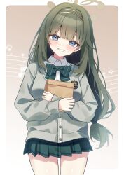  1girl absurdres bag blue_archive blue_eyes bow bowtie brown_halo cardigan collared_shirt commentary_request diagonal-striped_bow green_bow green_hair green_skirt grey_cardigan hair_intakes halo head_tilt highres holding holding_bag kominato_haru long_hair low-tied_long_hair paper_bag plaid_clothes plaid_skirt pleated_skirt shirt sidelocks skirt smile solo striped_bow tsumugi_(blue_archive) white_shirt wildhunt_art_academy_logo 