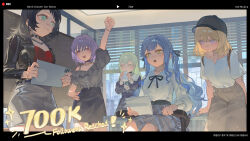  5girls :3 ave_mujica_(bang_dream!) bang_dream! bang_dream!_it's_mygo!!!!! bang_dream!_our_notes baseball_cap black_choker black_hair black_hat black_jacket black_ribbon black_skirt blonde_hair blue_eyes blue_hair bottle brown_skirt chair choker commentary danbaofan_omuless earrings english_commentary frilled_choker frills green_eyes green_hair grey_shirt grey_skirt hair_ribbon hat highres holding holding_bottle holding_tablet_pc indoors jacket jewelry long_hair milestone_celebration misumi_uika multiple_girls necklace off-shoulder_shirt off_shoulder official_art pink_eyes plaid_clothes purple_hair red_shirt ribbon second-party_source shirt short_hair short_sleeves sitting skirt tablet_pc togawa_sakiko violet_eyes wakaba_mutsumi white_shirt yahata_umiri yellow_eyes yuutenji_nyamu 