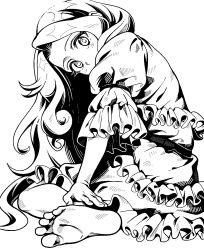  1girl barefoot commentary_request dress frilled_dress frilled_sleeves frills greyscale hair_ornament hairband highres long_hair long_sleeves looking_at_viewer monochrome shell shell_hair_ornament sitting soles solo toes touhou very_long_hair vn35214 watari_nina wide_sleeves 