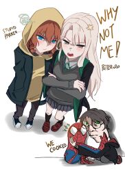  2boys 2girls absurdres angry black_skirt black_sweater_vest blue_eyes collared_shirt crossed_arms crossover genderswap genderswap_(mtf) green_eyes harry_potter harry_potter_(series) highres hogwarts_school_uniform jean_grey kamiken1208 looking_at_viewer malfoid marvel multiple_boys multiple_girls orange_hair peter_parker school_uniform shirt skirt spider-man spider-man_(original_suit) spider-man_(series) sweater_vest white_shirt wizarding_world 