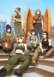  3rd_assault_brigade 6+girls abs angel_wings anichiva animal arm_tattoo baseball_cap bird blonde_hair blue_hair breast_tattoo city cityscape commentary crop_top eva_(kavunyak) georgian_flag hair_bun hanna_kovalchuk hat highres jacket kraken_(japanon) kyiv long_hair looking_at_viewer marichka mazepynka military_fatigues military_jacket military_uniform multiple_girls nika_(usergore) original outdoors owl ponytail prosthesis prosthetic_arm real_world_location russo-ukrainian_war sharp_teeth short_hair shoulder_tattoo sitting smile smug soldier squatting standing tattoo teeth tomboy tryzub ukraine ukrainian_commentary ukrainian_flag ukrainian_text v wavy_hair wings yellow_wings zoriana 