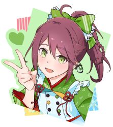  1girl absurdres ahoge apron bow brown_hair buttons chamomile_tea38 commentary_request dekoboko_quartet double-breasted flower_knot frilled_apron frills goto_akira green_background green_bow green_eyes green_kimono hair_bow highres ikizulive!_love_live!_bluebird japanese_clothes kimono looking_at_viewer love_live! open_mouth ponytail simple_background solo v white_apron white_background 