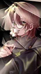  1girl ange_katrina ange_katrina_(9th_costume) black_background black_shirt blue_eyes broken_glass collared_shirt commentary eyewear_strap flower glass glasses gold_necklace hand_up highres holding holding_flower jewelry lips long_bangs looking_at_viewer medium_hair necklace nijisanji o4_o04 parted_lips pendant red_hair rose round_eyewear shirt single_hair_intake sleeves_past_wrists smelling smelling_flower smile solo untranslatable_commentary upper_body virtual_youtuber white_flower white_rose yellow-framed_eyewear 