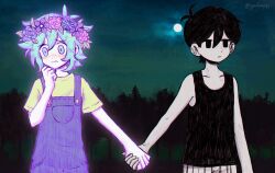  2boys antenna_hair bad_id bad_twitter_id basil_(headspace)_(omori) basil_(omori) black_eyes black_hair black_tank_top blue_overalls blush closed_mouth collarbone double-parted_bangs expressionless flower flower_wreath forest full_moon green_eyes green_hair green_shirt hair_between_eyes head_wreath highres holding_hands male_focus moon multiple_boys nature omori omori_(omori) outdoors overalls shirt short_hair short_sleeves sidelocks t-shirt tank_top tree twitter_username yuilu_(yuiluqqq) 