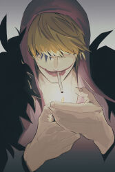  1boy absurdres black_coat blonde_hair cigarette coat coat_on_shoulders donquixote_rocinante feather-trimmed_coat gradient_background highres holding holding_lighter jar_(jar_ans) lighter long_sleeves makeup male_focus mouth_hold one_piece pink_hood shirt short_hair solo upper_body 