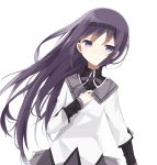  akemi_homura bad_id bust face hairband hand_on_own_chest hand_to_chest long_hair magical_girl mahou_shoujo_madoka_magica purple_eyes purple_hair sad simple_background soburi solo violet_eyes 