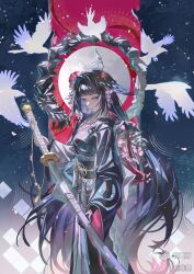  1girl absurdres arknights bird black_hair black_sash blunt_bangs breasts chest_sarashi clawed_gloves eyeshadow fake_claws feet_out_of_frame flower from_side glint gloves grey_eyes hair_flower hair_intakes hair_ornament hair_wings highres holding holding_sword holding_weapon kanzashi lipgloss long_hair looking_at_viewer looking_to_the_side makeup medium_breasts mihuashi_logo mio_(arknights) obi obiage obijime ootachi parted_lips pink_flower red_eyeshadow sarashi sash scabbard sheath shixian single_extra_arm single_glove solo sword two-tone_kimono unsheathing very_long_hair weapon white_bird wide_sleeves 