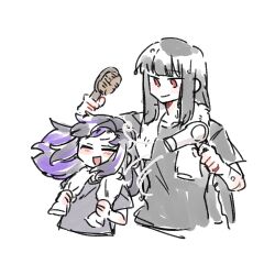  2girls araya_(project_moon) black_hair black_skirt closed_eyes commentary_request cropped_torso floating_hair hair_brush hair_dryer highres holding holding_hair_brush holding_hair_dryer holding_towel limbus_company long_hair mother_and_child mother_and_daughter multicolored_hair multiple_girls parent_and_child project_moon red_eyes ryoshu_(project_moon) simple_background skirt smile ssmr_rolling towel towel_around_neck two-tone_hair violet_eyes white_background 