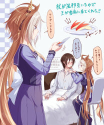 1boy 1girl ahoge animal_ears apple apple_slice blue_eyes bow bowtie brown_eyes brown_hair carving chair cold_pack colored_bangs commentary_request ear_covers food fork fruit highres holding holding_food holding_fork holding_fruit holding_knife horse_ears horse_girl horse_tail knife long_hair long_sleeves multicolored_hair on_bed on_chair orange_hair orfevre_(umamusume) pleated_skirt purple_sailor_collar purple_serafuku purple_shirt purple_skirt purple_thighhighs sailor_collar sailor_shirt school_uniform serafuku shirt sick single_ear_cover sitting skirt tail thigh-highs tracen_school_uniform trainer_(umamusume) two-tone_hair umamusume under_covers white_bow white_bowtie white_hair white_shirt yue_(lov_n_n) 
