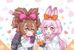  2girls :d ahoge animal_ear_fluff animal_ears arknights backpack bag black_gloves borrowed_hairstyle bow braid brown_hair chinese_commentary cinnamiku_hairstyle cinnamoroll commentary_request creature fingerless_gloves gloves hair_between_eyes hair_bow heart hezixiaosheng highres holding holding_creature infection_monitor_(arknights) long_hair multiple_girls open_mouth orange_gloves pink_bow pink_eyes pink_hair rabbit_ears rabbit_girl raccoon_ears raccoon_girl smile thumpy_(arknights) tied_ears timeslot_(arknights) updo upper_body 