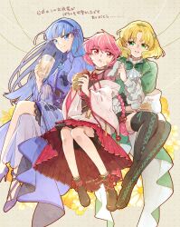  3girls :o ankle_boots black_boots black_choker black_sash blonde_hair blue_eyes blue_hair blue_hairband blue_kimono blue_shoes blunt_bangs boots bow bowtie braid braided_ponytail bubble_tea choker closed_mouth commentary_request crossed_legs cup dated disposable_cup drinking_straw eating floral_background floral_print floral_print_kimono flower food food_on_face frilled_sleeves frills glasses green_bow green_bowtie green_eyes green_flower green_hairband green_jacket hair_flower hair_ornament hairband handkerchief high_heels highres holding holding_cup holding_food holding_handkerchief hououji_fuu invisible_chair jacket japanese_clothes kimono long_hair long_sleeves looking_at_another looking_at_viewer looking_to_the_side magic_knight_rayearth multiple_girls noodles obi off_shoulder open_mouth pleated_skirt print_kimono purple_flower red_eyes red_hair red_skirt roasted_sweet_potato round_eyewear ryuuzaki_umi salmon_aburi1 sash shidou_hikaru shoes short_hair sideways_glance signature sitting skirt smile soba sweet_potato thigh_boots translation_request white_kimono wide_sleeves yellow_flower 