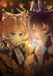  2girls absurdres alternate_costume alternate_hairstyle black_hair blue_eyes braid brown_hair chinese_clothes chinese_commentary chinese_hairpin chinese_knot closed_eyes columbina_(genshin_impact) commentary_request dress eye_mask genshin_impact hair_horns hair_ornament hair_stick hanfu highres holding lantern long_hair long_sidelocks looking_at_object mask multicolored_hair multiple_girls night outdoors paper_lantern purple_dress purple_hair sandrone_(genshin_impact) side_braid sidelocks upper_body yellow_dress yusong_vivi 