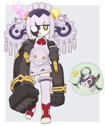  2girls blue_eyes commentary_request daedalus_(fate) fate/grand_order fate_(series) flat_chest full_body fusion gears grey_hair heterochromia highres joints kashin_koji_(fate) looking_at_viewer mechanical_arms multiple_girls naucrate_(fate) red_eyes robot_girl robot_joints toes triangle_mouth vacuum_tube yellow_eyes yunji 