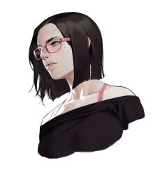  1girl bare_shoulders black_hair black_shirt blue_eyes bra bra_strap breasts collarbone cropped_torso dongho_kang eyelashes forehead large_breasts lips mole mole_under_eye nose off-shoulder_shirt off_shoulder original parted_bangs parted_lips pink-framed_eyewear pink_bra shirt short_hair solo teeth third-party_source underwear 