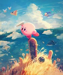  :o arm_up artist_name blue_eyes blue_sky blush blush_stickers bourbon_(kirby) bug butterfly clouds contrail day fatty_whale full_body gooey_(kirby) grass highres holding holding_paper_airplane horizon island kirby kirby_(series) kracko leaf morpho_knight morpho_knight_(butterfly) no_humans ocean outdoors palm_tree paper_airplane parted_lips polof rabbit red_shoes revision rocket_star scenery shoes sky smoking_pipe soarar standing star_block suyasuyabi tree twitter_username ufo_(kirby) water whale 