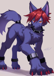  1boy collar commentary_request cool_the_cerberus highres looking_at_viewer nail_polish netiel purple_fur red_eyes red_hair scar scar_across_eye scar_on_face shin_megami_tensei shin_megami_tensei_devil_children signature smile spiked_collar spikes 