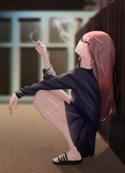  1girl absurdres babsot black_sandals black_shirt black_skirt blurry blurry_background brown_hair chromatic_aberration cigarette commentary_request exhaling_smoke from_side full_body highres holding holding_cigarette knees_up long_hair long_sleeves original profile red_eyes sandals shirt skirt smoke smoke_trail smoking solo squatting straight_hair 