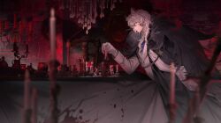  1boy absurdres animal_ear_fluff animal_ears arknights black_cape black_coat blood blood_on_clothes blood_splatter blue_necktie blurry blurry_foreground board_game candle candlestand cape chess chess_piece chessboard chinese_commentary closed_mouth coat coat_on_shoulders commentary_request dadijiji fur-trimmed_cape fur-trimmed_coat fur_trim gloves grey_eyes grey_hair highres holding jacket long_sleeves male_focus necktie red_theme shirt silverash_(arknights) silverash_the_reignfrost_(arknights) snow_leopard_boy snow_leopard_ears solo table tablecloth white_gloves white_hair white_shirt 