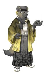  1boy black_hat blonde_hair brown_fur claws closed_mouth fang fang_out furry furry_male glasses gradient_clothes gradient_kimono hat hyena_boy hyena_ears hyena_tail japanese_clothes kimono kinoshita_jiroh live_a_hero looking_at_viewer male_focus non-web_source official_art pawpads roiker_(live_a_hero) spotted_fur star_(symbol) 