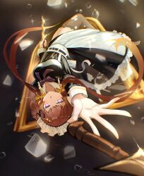  1girl absurdres anya_melfissa apron black_dress blush brown_hair clothing_request commission dagger dress english_commentary highres holding holding_dagger holding_knife holding_weapon hololive hololive_indonesia katosh knife looking_at_viewer maid maid_apron maid_headdress multicolored_hair open_mouth ribbon solo throwing violet_eyes weapon yellow_ribbon 