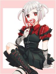  1girl black_dress black_necktie border candy collared_shirt commentary dress eating figure_four_sitting fishnet_thighhighs fishnets food frilled_dress frills grey_hair hair_ornament hairclip hasu_no_sora_pop_up_shop_gothic_punk_collection highres holding holding_candy holding_food holding_lollipop kanduki_kamibukuro lollipop looking_at_viewer love_live! love_live!_hasu_no_sora_jogakuin_school_idol_club necktie open_mouth outside_border parallel_hairclips pink_border plaid_clothes plaid_shirt puffy_short_sleeves puffy_sleeves red_eyes shirt short_hair short_sleeves simple_background sitting sleeveless sleeveless_dress solo swirl_lollipop thigh-highs two_side_up untranslatable_commentary virtual_youtuber white_background x_hair_ornament yugiri_tsuzuri 
