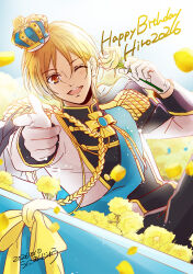  1boy :d artist_name birthday brown_eyes brown_hair character_name commentary_request dated epaulettes falling_petals finger_gun flower gloves hair_between_eyes happy_birthday hayami_hiro highres holding holding_flower king_of_prism long_sleeves looking_at_viewer male_focus one_eye_closed open_mouth petals pointing pointing_at_viewer pointing_forward pretty_rhythm pretty_series rose rose_petals short_hair smile solo translated uninattow upper_body white_gloves yellow_flower yellow_petals yellow_rose 