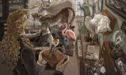  2boys absurdres beard bird black_pants black_ribbon black_vest blonde_hair blue_hair cassock chair collared_shirt commentary darnic_prestone_yggdmillennia facial_hair fate/apocrypha fate_(series) fish_skeleton flamingo gan'yugu highres indoors long_hair looking_at_another looking_at_object male_focus mature_male moose multiple_boys on_chair owl pants parted_bangs peacock peafowl ponytail ribbon round_eyewear sheep shirt sitting skeleton standing taxidermy tiger trophy_head vest vlad_iii_(fate/apocrypha) waistcoat white_shirt yellow_eyes 
