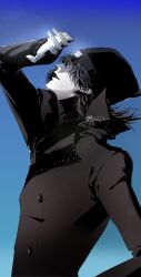  1boy absurdres aragaki_shinjirou beanie black_hair black_shirt blue_background chikaku_5 coat colored_skin from_side hand_over_eye hat highres long_hair long_sleeves looking_up male_focus monochrome muted_colors pale_skin parted_lips persona persona_3 persona_3_reload popped_collar shirt signature smile sweater trench_coat turtleneck turtleneck_sweater white_skin 