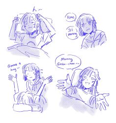  2girls 3: :3 ^_^ anyoji_hime anyoji_hime_(summer_loungewear) blue_theme blunt_bangs blunt_ends bob_cut closed_eyes closed_mouth commentary_request dress english_commentary english_text flower_knot flying_sweatdrops hasu_no_sora_school_uniform highres hug_invitation long_hair love_live! love_live!_hasu_no_sora_jogakuin_school_idol_club lying mizoe momose_ginko monochrome multiple_girls neckerchief on_back sailor_collar sailor_dress school_uniform shirt short_hair short_sleeves speech_bubble t-shirt virtual_youtuber waking_another waking_up winter_uniform 