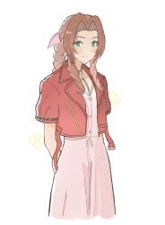  1girl aerith_gainsborough arms_behind_back braid braided_ponytail brown_hair cheche23598 closed_mouth commentary dress final_fantasy final_fantasy_vii final_fantasy_vii_remake flower green_eyes highres jacket light_blush long_hair looking_at_viewer open_clothes open_jacket pink_dress red_jacket short_sleeves smile solo white_background 