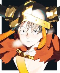  1boy asaki_(fowee5) black_eyes black_hair breath cape commentary_request fake_horns fur_cape helmet highres horned_helmet horns looking_at_viewer male_focus monkey_d._luffy official_alternate_costume one_piece parted_lips red_cape scar scar_on_cheek scar_on_face short_hair solo upper_body 