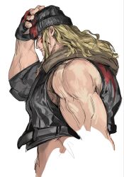  1boy alex_winger armband baiyeju8 black_jacket blonde_hair blue_eyes facepaint fingerless_gloves from_side fur_trim gloves hand_on_own_hat highres jacket looking_at_viewer muscular muscular_male solo street_fighter street_fighter_6 upper_body white_background 