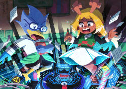  1boy 1girl absurdres animal_ears antlers berdly_(dark_world)_(deltarune) berdly_(deltarune) bird_boy black-framed_eyewear black_eyes black_shirt blonde_hair book collared_shirt commentary_request deer_ears deltarune furry furry_female furry_male glasses green_sweater highres holding holding_book horns long_hair long_sleeves noelle_holiday noelle_holiday_(dark_world) open_mouth paper reindeer_antlers reindeer_girl round_eyewear shirt short_sleeves sweater teeth upper_teeth_only utdr_(toby_fox) watawata22 white_shirt 