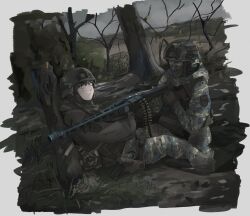  1boy 1girl aiming ammunition_belt bare_tree black_gloves black_hair blush border braid bulletproof_vest camouflage combat_helmet facepaint forest gloves grass gun handgun headphones helmet hetero highres holster hood hood_down hoodie machine_gun mg3 military military_patch military_uniform mud nature original pout schellergheist single_braid sitting tactical_clothes thigh_holster tree weapon white_border 