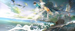  2boys all_fours bird black_hair blue_shirt bridge city cityscape clouds cloudy_sky commission dark_cloud dated dutch_angle fingerless_gloves floating gloves highres light_rays lighthouse mountain multiple_boys ocean original outdoors pants rock scenery seagull shirt shoes shore signature sky sleeveless sleeveless_shirt sneakers splashing spread_fingers sunlight waves white_pants white_shoes wide_shot yusongrmdsuki 