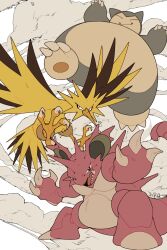  claws closed_eyes closed_mouth dust_cloud fat fighting_stance highres horns looking_at_viewer mamebato nidoking no_humans open_mouth pokemon pokemon_(creature) pokemon_focus sharp_teeth signature smile snorlax tail talons teeth wings zapdos 