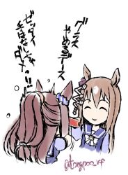  2girls animal_ears bow bowtie brown_hair commentary_request domino_mask el_condor_pasa_(umamusume) eye_mask grass_wonder_(umamusume) hair_between_eyes horse_ears horse_girl long_hair long_sleeves mask mask_pull multiple_girls ponytail purple_sailor_collar sailor_collar school_uniform simple_background tonpuu tracen_school_uniform translation_request twitter_username umamusume white_background white_bow white_bowtie winter_uniform 
