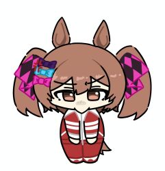  1girl :> brown_eyes brown_hair full_body hair_ribbon highres horse_girl horse_tail looking_at_viewer mr._catto raised_eyebrow red_track_suit ribbon smart_falcon_(umamusume) solo standing tail tracen_training_uniform track_suit twintails umamusume white_background 