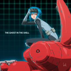  1girl aqua_gloves armor artist_name bag belt_pouch black_bodysuit blurry blurry_background bodysuit check_commentary commentary_request copyright_name cyborg dark_background english_text ghost_in_the_shell gloves green_eyes head-mounted_display head-mounted_display_lift highres kit_(kittic) kusanagi_motoko looking_at_viewer mecha pouch purple_hair red_armor robot rust satchel short_hair signature solo tagme the_ghost_in_the_shell_(2026) wireframe 