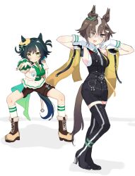  2girls ahoge animal_ears black_boots black_shirt black_shorts blue_eyes blush boots breasts brown_boots brown_hair brown_shorts chess_piece closed_mouth commentary_request ears_through_headwear gloves green_eyes green_hair green_vest grey_hair grey_streaks hair_ornament hair_over_one_eye hat high-waist_shorts highres horse_ears horse_girl horse_tail jacket kiseki_(miracle_author)_(umamusume) kiseki_(umamusume) looking_at_viewer maruoka_3_4 multicolored_hair multiple_girls open_mouth rook_(chess) rulership_(monochrome_gm)_(umamusume) rulership_(umamusume) shirt short_hair shorts sleeveless sleeveless_shirt smile socks streaked_hair tail thigh_boots umamusume umamusume_horse_relations vest white_gloves white_jacket white_overskirt white_socks white_streaks yellow_hat 