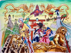  1girl 2boys aircraft antennae architecture banner belt black_belt black_hair blue_boots blue_eyes blue_hair boots brown_hair buddha closed_mouth clouds coat commentary_request cropped_jacket curtained_hair dragon dress earrings east_asian_architecture eastern_dragon fairy fairy_wings floating_city fur-trimmed_kimono fur_trim greatsword hand_on_hilt higan_(tengai_makyou) highres holding holding_sword holding_weapon hot_air_balloon jacket japanese_clothes jewelry karst kimono ko-omote_mask komainu looking_at_viewer low_ponytail magatama magatama_necklace mask mount_fuji multicolored_hair multicolored_kimono multiple_boys necklace noh_mask official_art open_clothes open_jacket open_mouth pink_dress pointy_ears ponytail red_eyes red_hair red_jacket sheath shide smile sotoba statue stone_lantern subaru_(tengai_makyou) sword tassel tengai_makyou tengai_makyou_zero tenjin_(tengai_makyou) torii traditional_media tsujino_yoshiteru two-tone_hair unsheathed waves weapon weapon_bag wings yellow_coat yin_yang 
