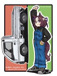  1girl animal_ears arm_up artist_name balladeluce black_shirt black_shoes blue_overalls bow brown_hair car character_name commentary_request ear_bow hair_between_eyes hair_ribbon highres horse_ears horse_girl horse_tail long_sleeves looking_at_viewer motor_vehicle multicolored_hair overalls purple_bow purple_ribbon ribbon shirt shoes short_hair smile sneakers special_week_(umamusume) subaru_(brand) subaru_sambar tail two-tone_background two-tone_hair umamusume vehicle_name violet_eyes white_hair 