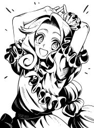  1girl :d arms_up blush commentary_request dress frilled_dress frilled_sleeves frills greyscale hair_ornament hairband highres long_hair looking_at_viewer monochrome puffy_short_sleeves puffy_sleeves shell shell_hair_ornament short_sleeves smile solo touhou very_long_hair vn35214 watari_nina 